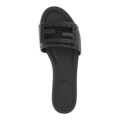 Fendi Flat Sole Open Toe Textured Strap Slides In Black
