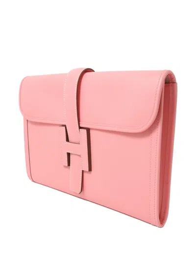 Pre-owned Hermes Jige Elan Leather Clutch Bag In Pink