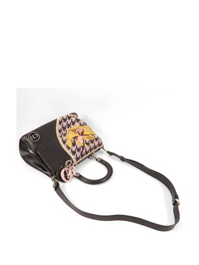 Pre-owned Dior Houndstooth-embroidered Floral-patch Tote Bag In Black