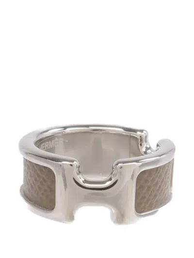 Pre-owned Hermes Olympe Leather Ring In Silver
