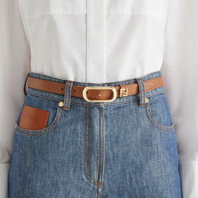 Fendi Ff Leather Slim Belt In Brown