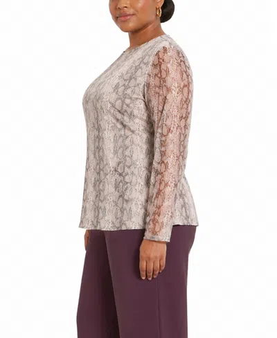 Coin 1804 Plus Size Python Mesh Long-sleeve Top In Neutral