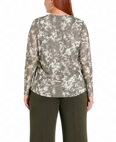 Coin 1804 Plus Size Python Mesh Scoop Neck Top In Green