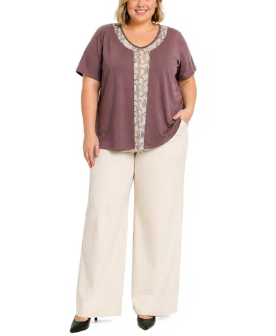 Coin 1804 Plus Size Python Mesh Inset V-neck Top In Purple