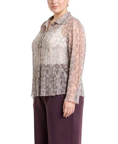 Coin 1804 Plus Size Python Mesh Button-front Shirt In Pink