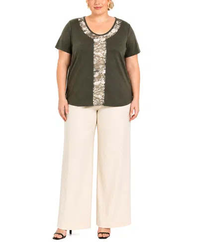 Coin 1804 Plus Size Python Mesh Inset Short-sleeve Top In Green