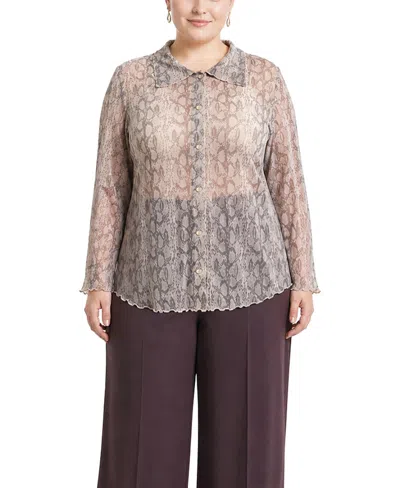 Coin 1804 Plus Size Python Mesh Button-front Shirt In Pink