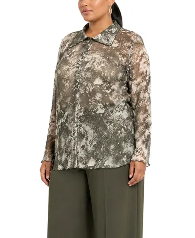 Coin 1804 Plus Size Python Mesh Button-front Shirt In Gray