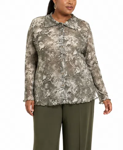 Coin 1804 Plus Size Python Mesh Button-front Shirt In Gray