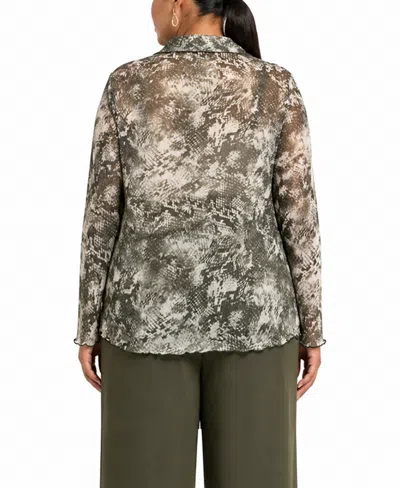 Coin 1804 Plus Size Python Mesh Button-front Shirt In Gray