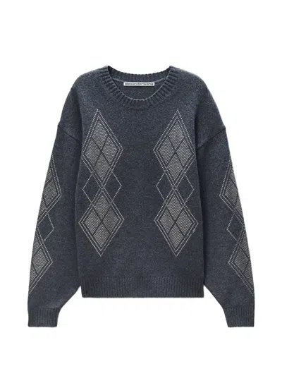 Alexander Wang Studded Argyle Crewneck Pullover In Gray