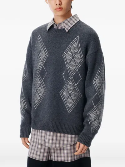 Alexander Wang Studded Argyle Crewneck Pullover In Gray