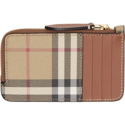 Burberry Mini Leather Wallet With Iconic Check Pattern And Zip Closure In Brown