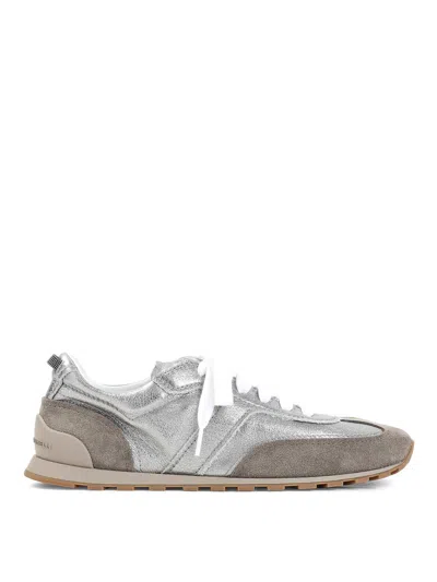 Brunello Cucinelli Monili Pull-tab Crinkle-effect Leather Low-top Sneakers In Silver