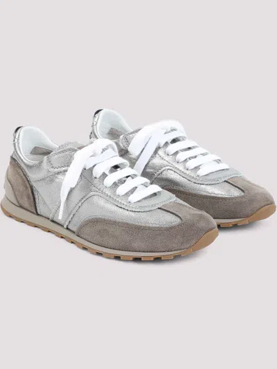 Brunello Cucinelli Monili Pull-tab Crinkle-effect Leather Low-top Sneakers In Silver