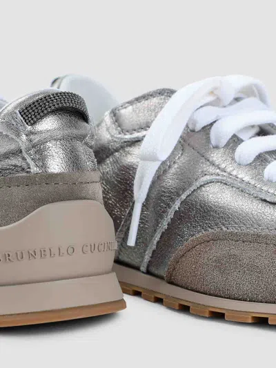 Brunello Cucinelli Monili Pull-tab Crinkle-effect Leather Low-top Sneakers In Silver