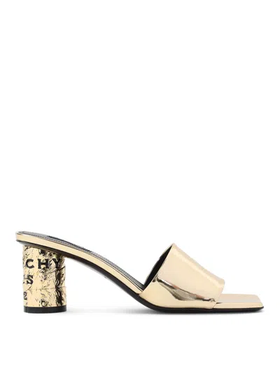 Givenchy 65mm Logo Heel Metallic Leather Mule Sandals In Gold