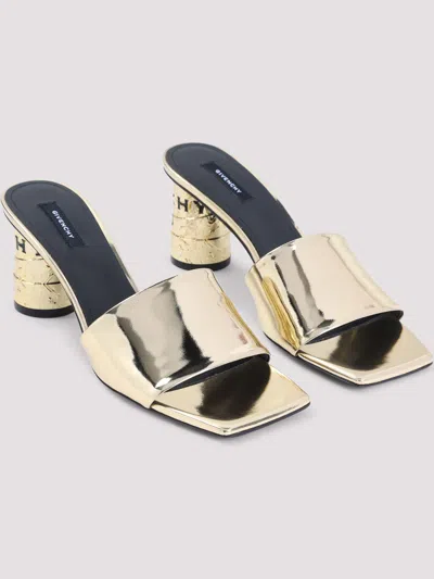 Givenchy 65mm Logo Heel Metallic Leather Mule Sandals In Gold