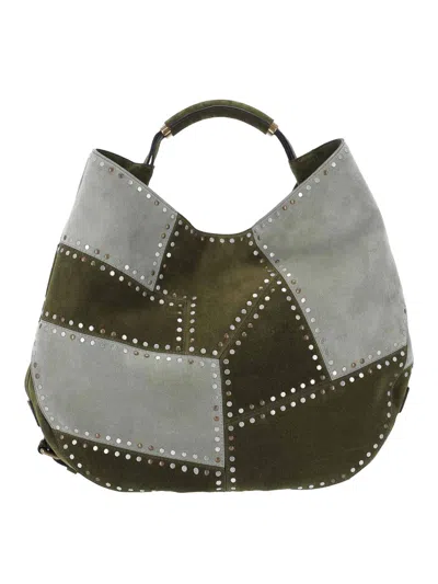 Moschino Green Patchwork Studded Leather Handbag In Gray