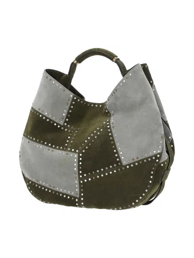 Moschino Green Patchwork Studded Leather Handbag In Gray