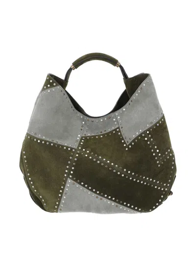 Moschino Green Patchwork Studded Leather Handbag In Gray