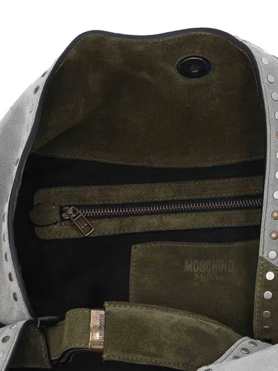 Moschino Green Patchwork Studded Leather Handbag In Gray