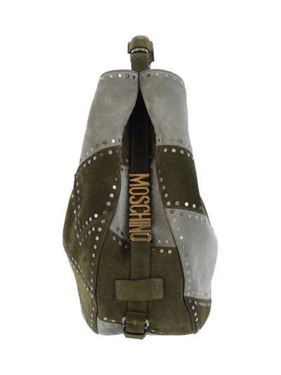 Moschino Green Patchwork Studded Leather Handbag In Gray