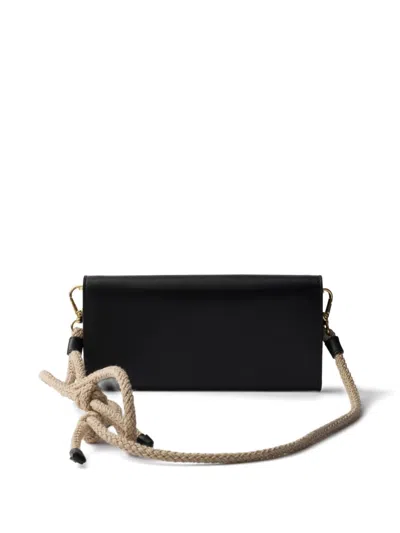 Prada Black Leather Wallet With Shoulder Strap In Purple