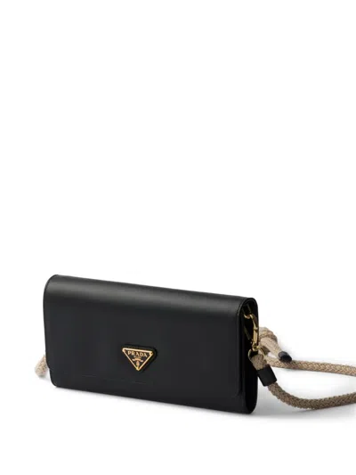Prada Black Leather Wallet With Shoulder Strap In Purple