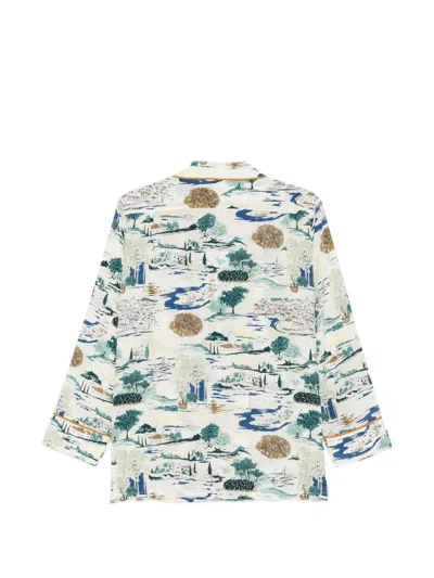 Olivia Von Halle Yves Cadaqués Cream Landscape Pyjamas In Silk Crêpe De Chine In White