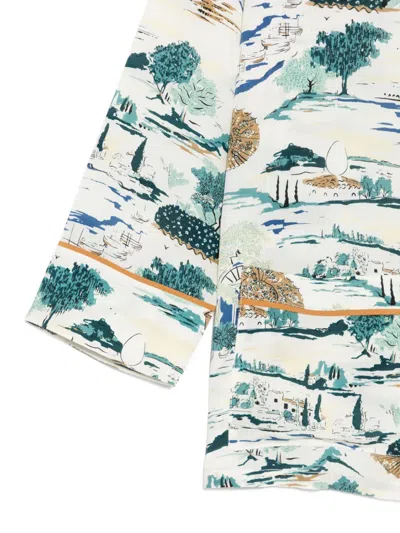 Olivia Von Halle Yves Cadaqués Cream Landscape Pyjamas In Silk Crêpe De Chine In White