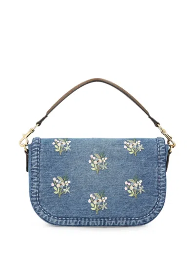Valentino Alltime Medium Embroidered Denim Shoulder Bag With Embroidered Ribbon Strap In Blue