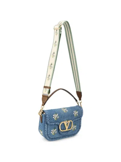 Valentino Alltime Medium Embroidered Denim Shoulder Bag With Embroidered Ribbon Strap In Blue