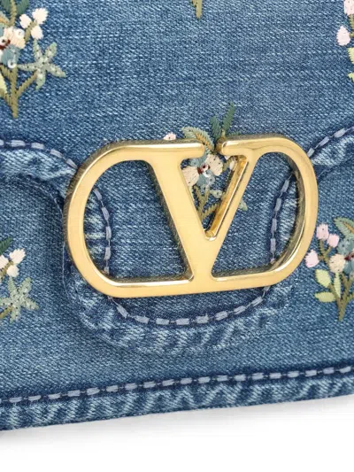 Valentino Alltime Medium Embroidered Denim Shoulder Bag With Embroidered Ribbon Strap In Blue