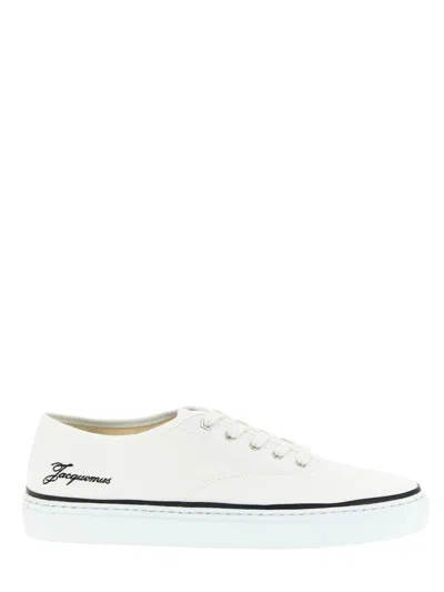 Jacquemus Round Toe Canvas Sneakers With Embroidered Logos In White