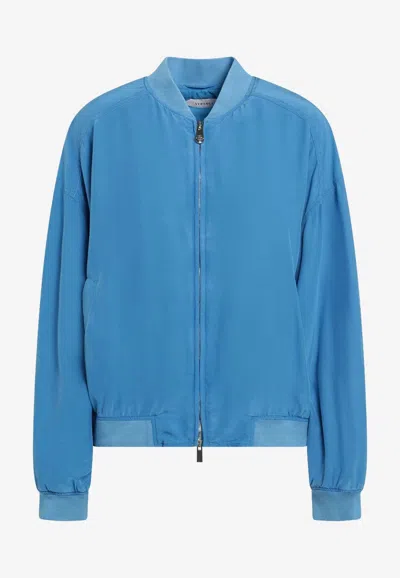 Versace Relaxed Fit Silk Jacket With Embroidered Logo And Zipper Closure In Blue