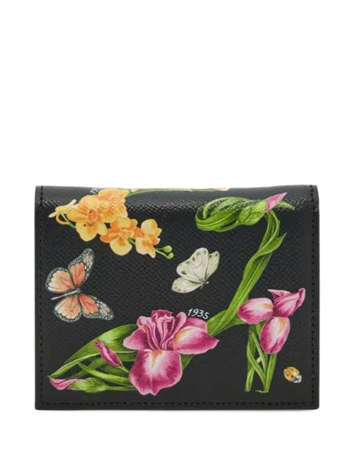 Ferragamo Compact Gancini Wallet With Floral Print In Black