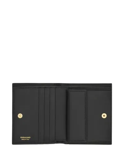 Ferragamo Compact Gancini Wallet With Floral Print In Black