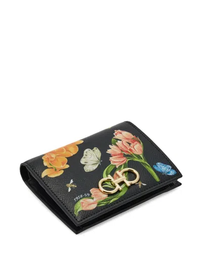 Ferragamo Compact Gancini Wallet With Floral Print In Black