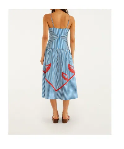 Farm Rio Sky Striped Embroidered Cotton Poplin Midi Dress In Blue