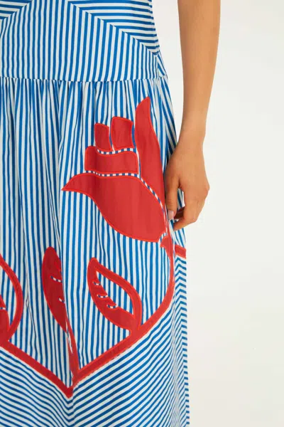 Farm Rio Sky Striped Embroidered Cotton Poplin Midi Dress In Blue