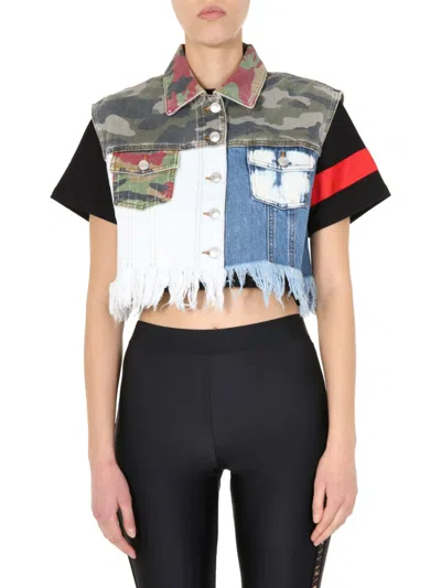 Gcds Cropped Denim Vest With Patchwork Design In Multicolor