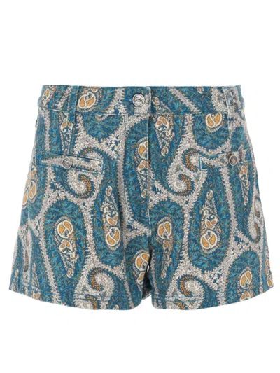 Etro Paisley Print Stretch Denim Shorts In Blue