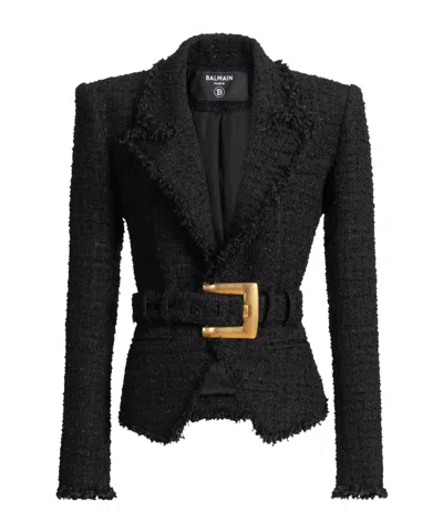 Balmain Tailored Jacket Belted Waist Gold Tone Buckle In Black