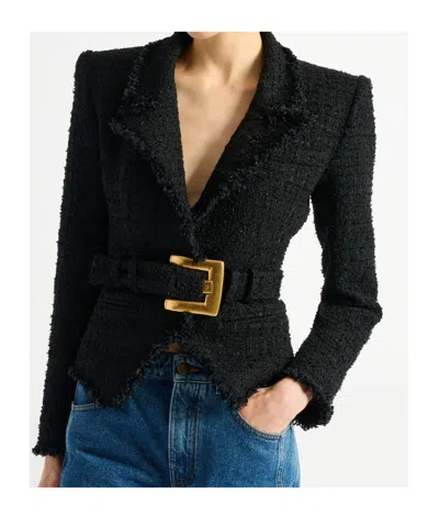 Balmain Tailored Jacket Belted Waist Gold Tone Buckle In Black