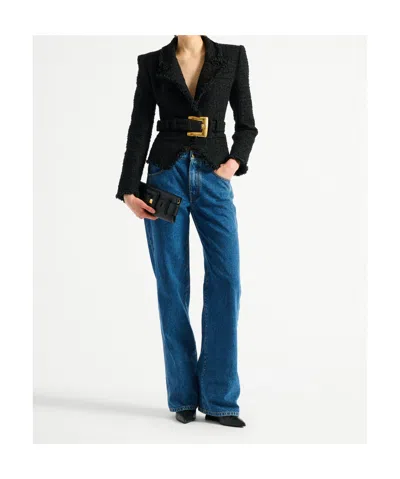 Balmain Tailored Jacket Belted Waist Gold Tone Buckle In Black
