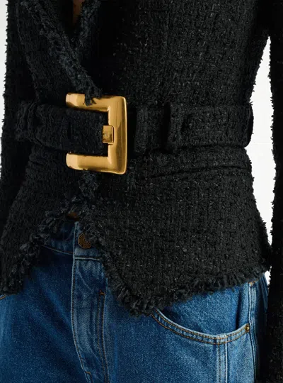 Balmain Tailored Jacket Belted Waist Gold Tone Buckle In Black