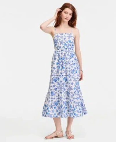 On 34th Womens Cotton Poplin Back Cutout Tiered Midi Dress Macys Exclusive In Blue