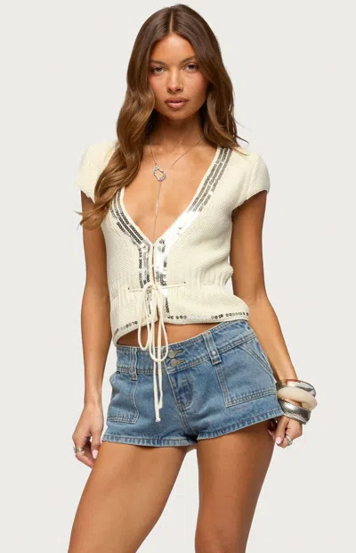 Edikted Cate Sequin Tie Front Top In White