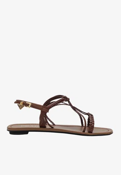 Prada Flat Leather Sandals In Brown